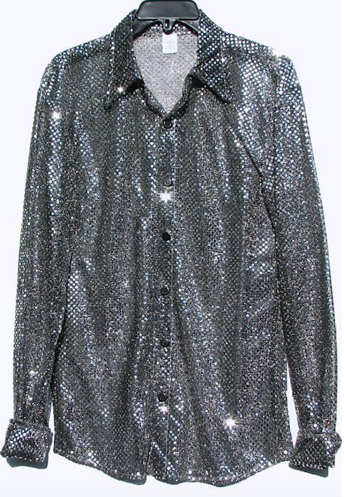 Tall Men's Silver Sequin Dot with Silver & Black Background Disco Shirt